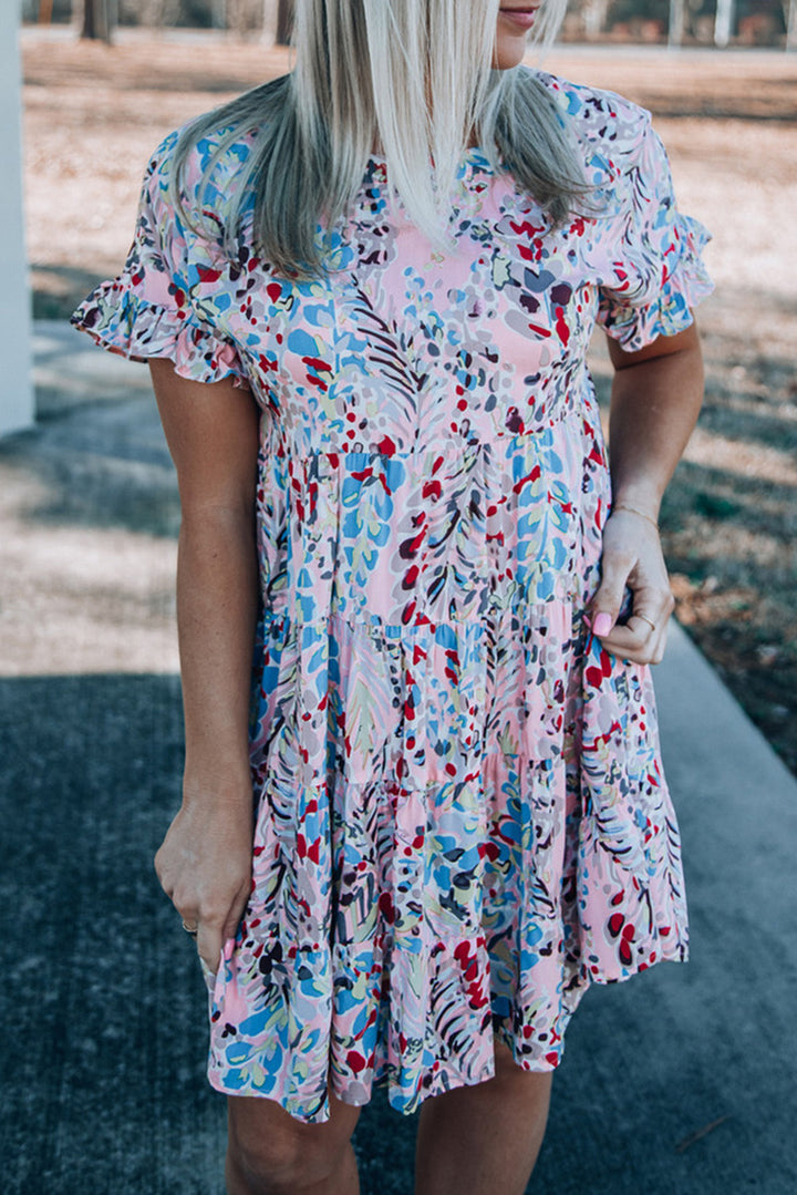 Pink Short Sleeves Floral Print Tiered Ruffled Dress