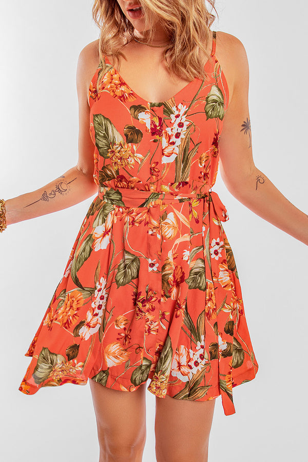 Orange Sleeveless A-line Floral Dress