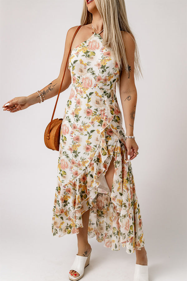 White Flowy Ruffle Slit Halter Neck Floral Dress