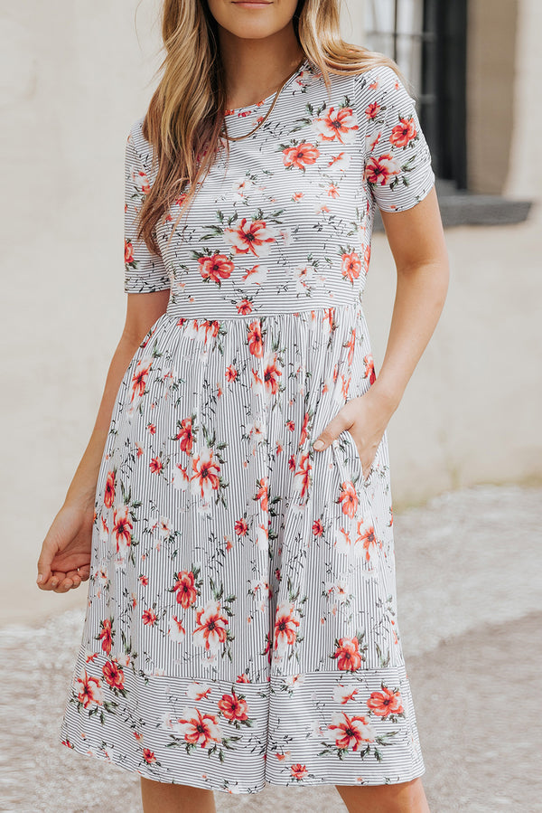 Striped Flower Short Sleeve Flowy Midi Dress